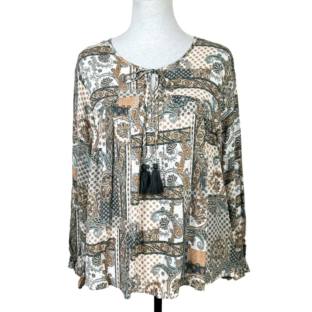 VICI Paisley Floral Tassel Neck Tie Print Long Sleeve Oversized Boho Peasant Top